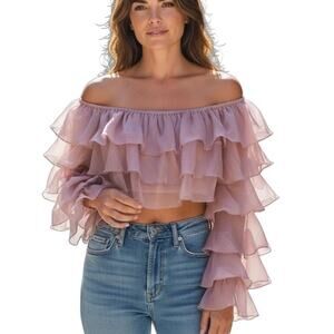 Forever 21 Dusty Rose Chiffon Ruffle Off Shoulder Crop Top Blouse Medium